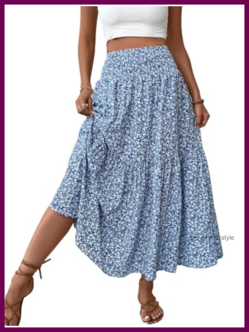 Boho Floral Maxi Skirt Smocked High Waist Tiered A-Line Pockets